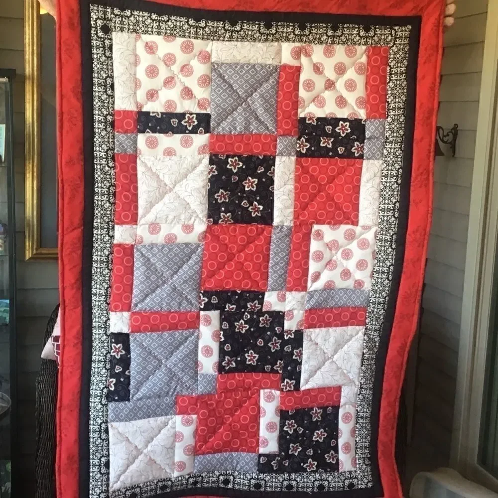 NWT Hand Crafted Red/Black/Grey/White Quilt